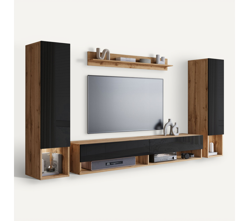 Mur TV Suspendu LED 180 Cm 2 Colonnes + étagère Chêne Wotan / Noir Brillant