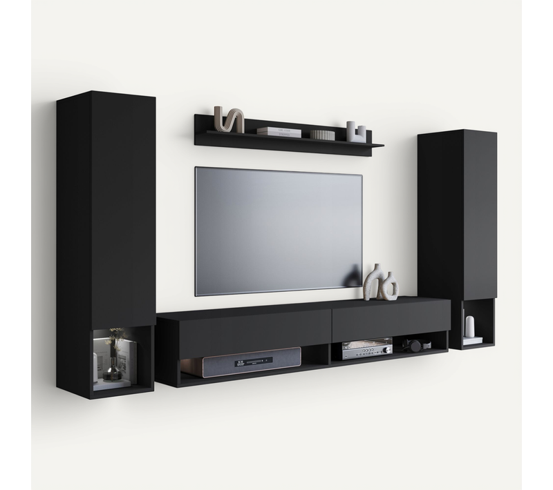 Mur TV Suspendu LED 180 Cm 2 Colonnes + étagère Noir Mat