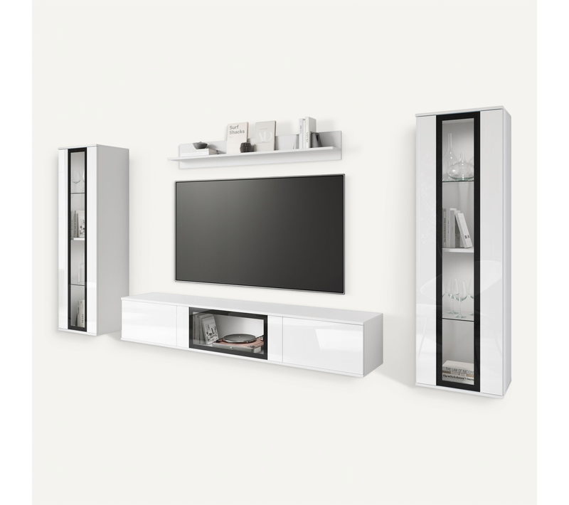 Mur TV LED 180 Cm 2 Vitrines Blanc Mat / Blanc Brillant