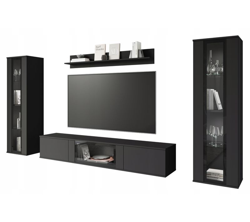 Mur TV LED 180 Cm 2 Vitrines Noir Mat
