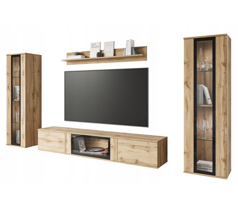 Mur TV LED 180 Cm 2 Vitrines Chêne Wotan