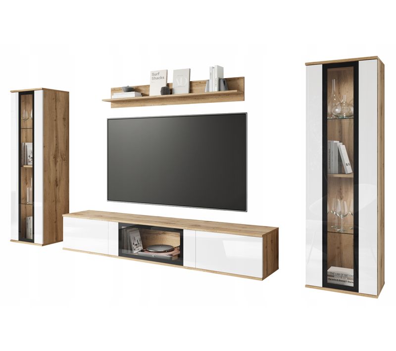 Mur TV LED 180 Cm 2 Vitrines Chêne Wotan / Blanc Brillant