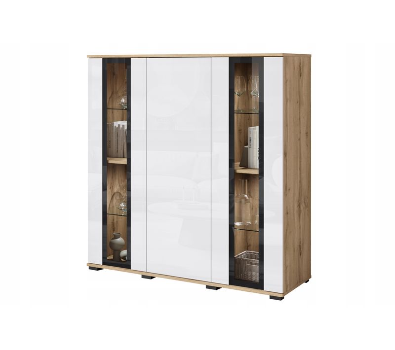 Highboard LED 120 Cm Vitrine Chêne Wotan / Blanc Brillant
