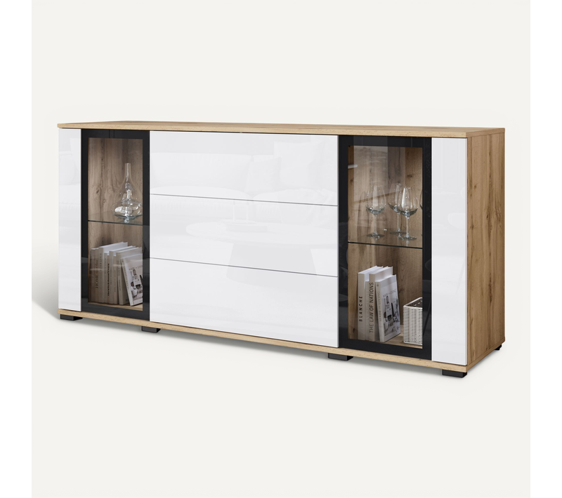 Commode LED 150 Cm Vitrine + Tiroirs Chêne Wotan