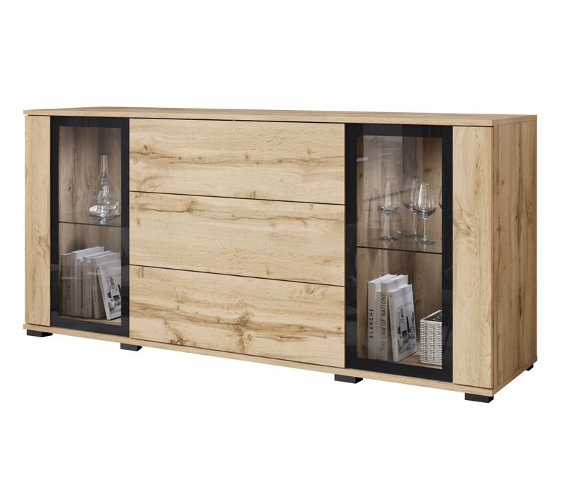 Commode 150 Cm Vitrine + Tiroirs Chêne Wotan / Blanc Brillant
