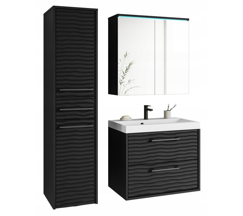 Salle De Bain Suspendue LED Lavabo Miroir Colonne Mdf Noir Mat