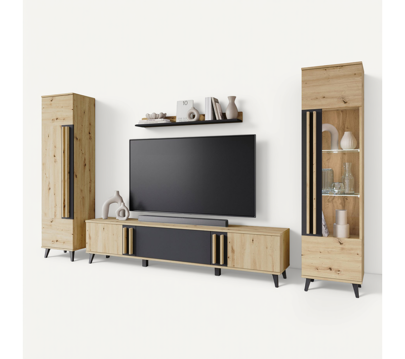 Mur TV LED 180 Cm Sur Pieds Vitrine + étagère Chêne Artisan Mat