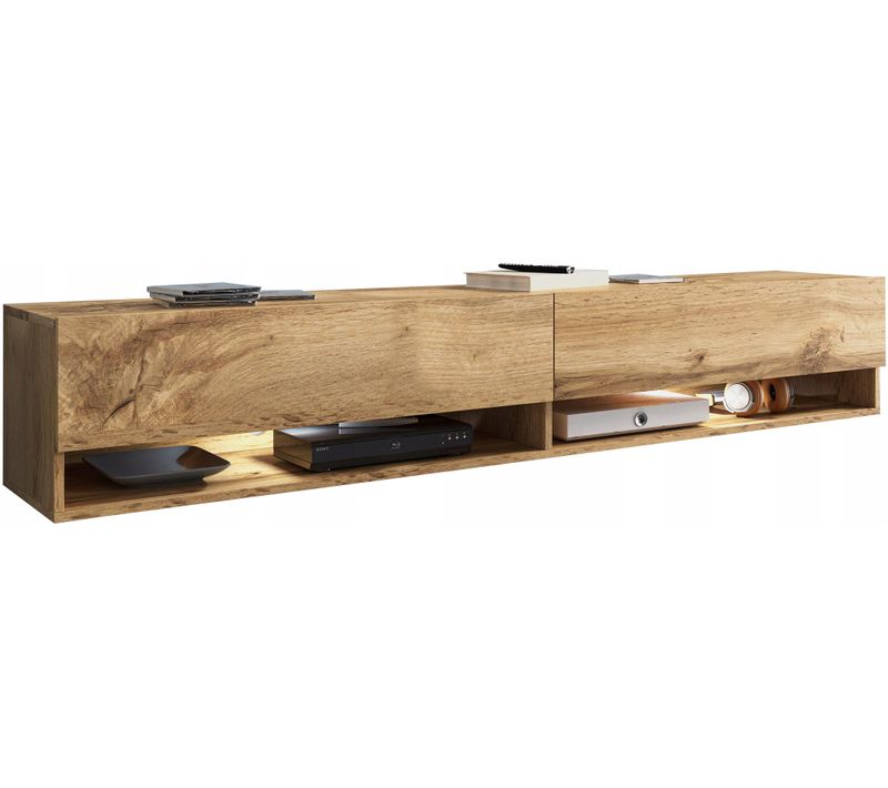 Meuble TV 180 Cm LED Sans Poignées Chêne Wotan Suspendu Ou Posé