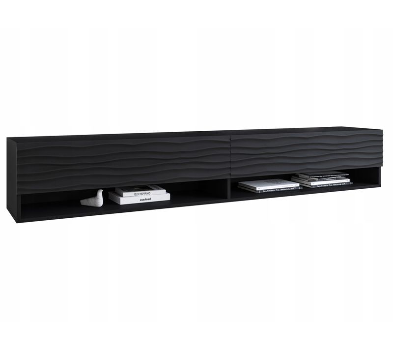 Meuble TV 180 Cm LED Mdf Ondulé Noir Mat Suspendu Ou Posé