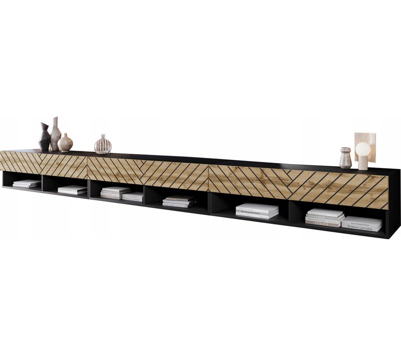 Meuble TV 300 Cm LED Mdf Chevrons Chêne Wotan Suspendu Ou Posé