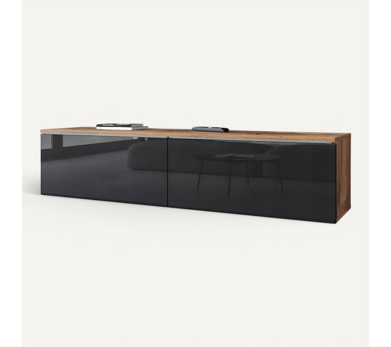 Meuble TV 140 Cm LED 2 Portes Chêne Wotan / Noir Brillant Suspendu Ou Posé