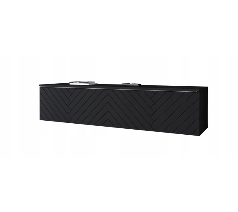 Meuble TV 140 Cm LED Mdf Chevrons Noir Mat Suspendu Ou Posé