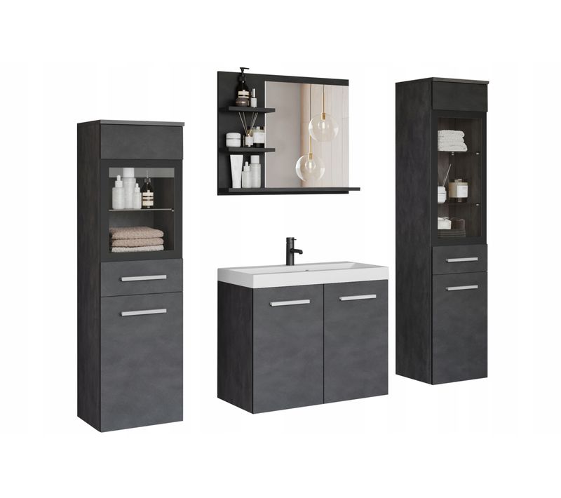 Salle De Bain Suspendue LED Lavabo 2 Colonnes + Miroir étagères Anthracite Matera