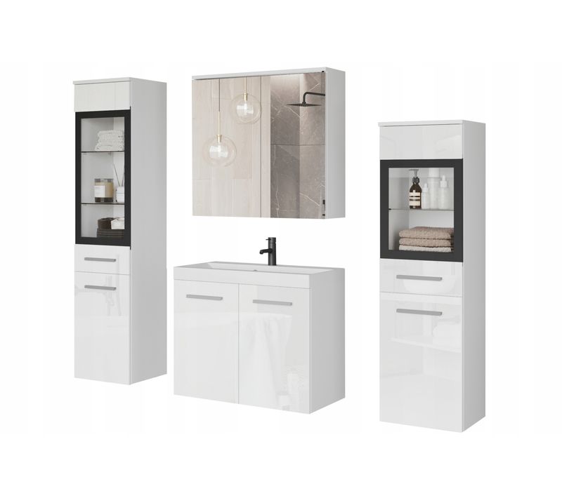 Salle De Bain Suspendue LED Lavabo 2 Colonnes + Armoire Miroir Blanc Mat / Blanc Brillant