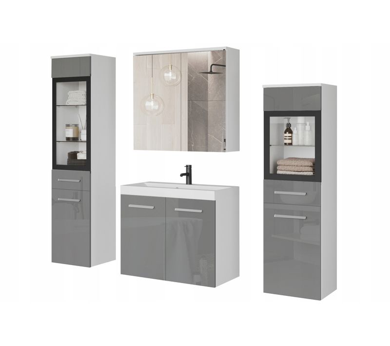 Salle De Bain Suspendue LED Lavabo 2 Colonnes + Armoire Miroir Blanc Mat / Gris Brillant
