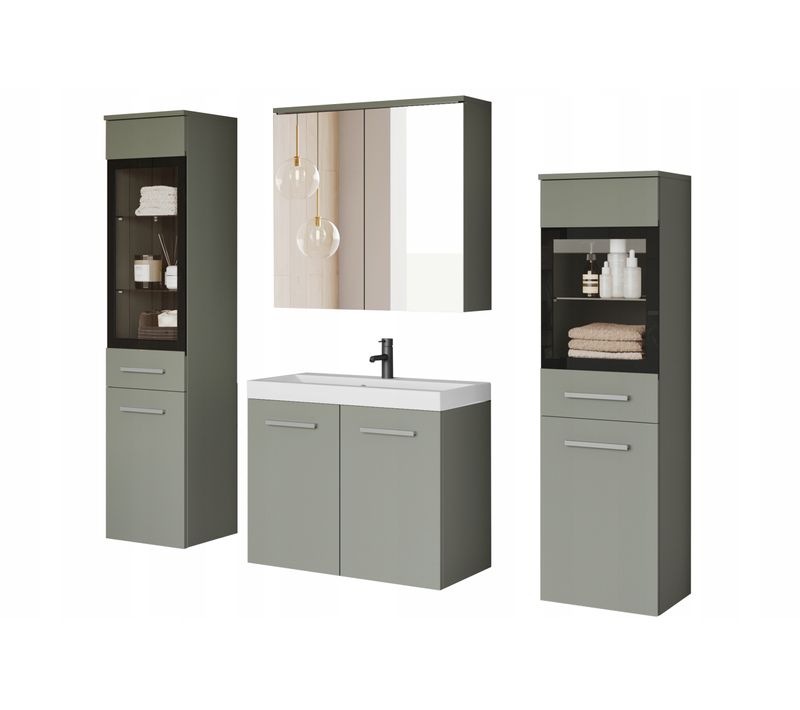 Salle De Bain Suspendue LED Lavabo 2 Colonnes + Armoire Miroir Vert Brumeux