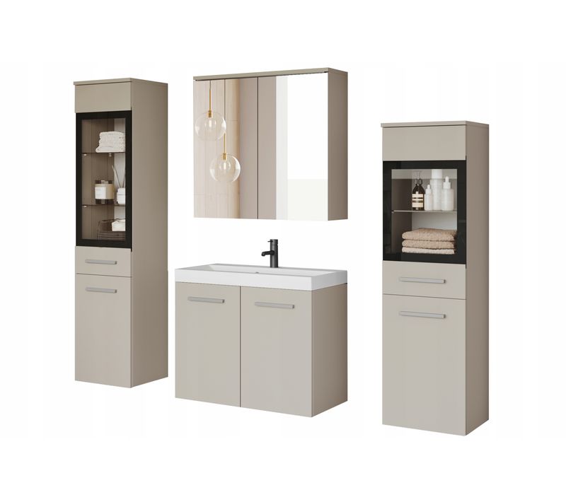 Salle De Bain Suspendue LED Lavabo 2 Colonnes + Armoire Miroir Beige Cachemire