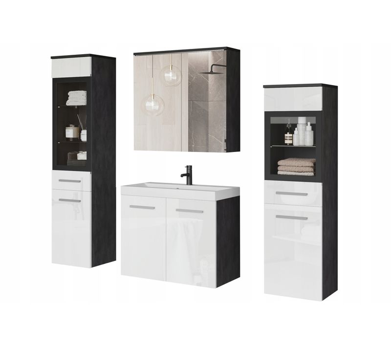 Salle De Bain Suspendue LED Lavabo 2 Colonnes + Armoire Miroir Anthracite / Blanc Brillant