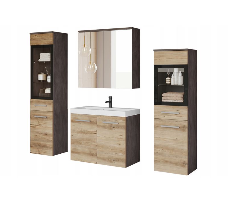 Salle De Bain Suspendue LED Lavabo 2 Colonnes + Armoire Miroir Anthracite / Châtaignier