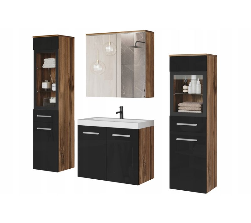 Salle De Bain Suspendue LED Lavabo 2 Colonnes + Armoire Miroir Chêne Wotan / Noir Brillant