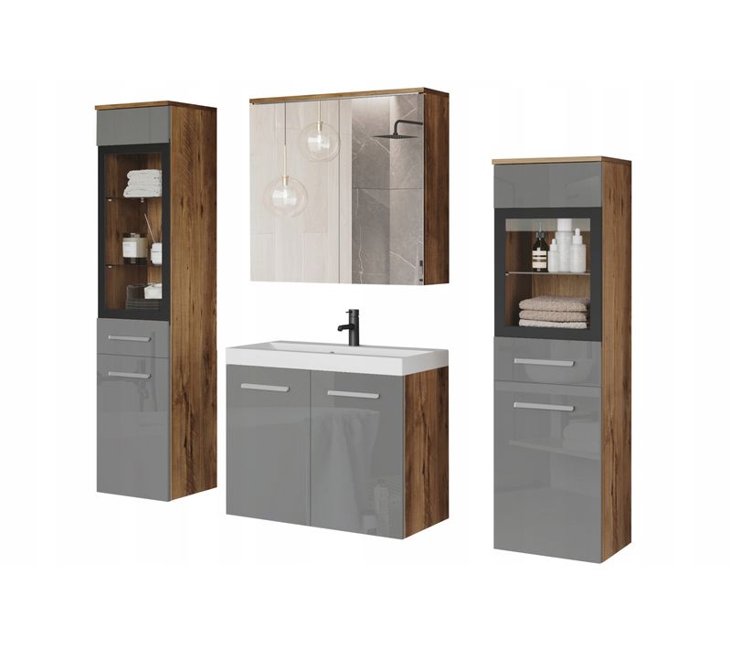 Salle De Bain Suspendue LED Lavabo 2 Colonnes + Armoire Miroir Châtaignier / Gris Brillant