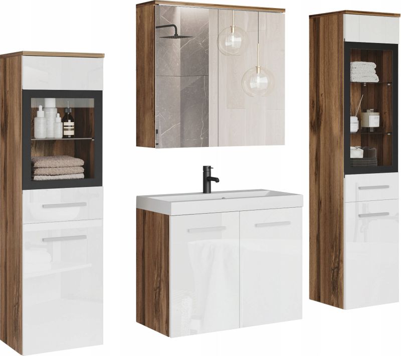 Salle De Bain Suspendue LED Lavabo 2 Colonnes + Armoire Miroir Chêne Wotan / Blanc Brillant