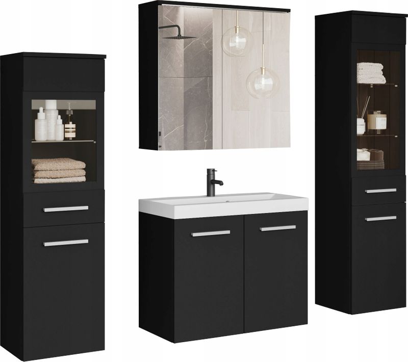 Salle De Bain Suspendue LED Lavabo 2 Colonnes + Armoire Miroir Noir Mat