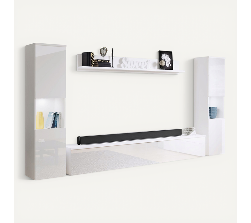 Mur TV 4 Pièces LED: 2 Colonnes + TV 180 Cm + étagère, Blanc Mat / Blanc Brillant