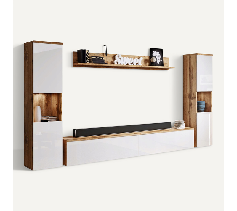 Mur TV 4 Pièces LED: 2 Colonnes + TV 180 Cm + étagère, Chêne Wotan / Blanc Brillant