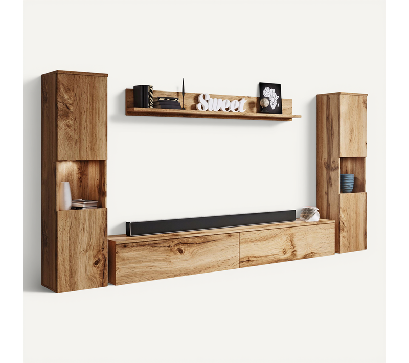 Mur TV 4 Pièces LED: 2 Colonnes + TV 180 Cm + étagère, Chêne Wotan Mat