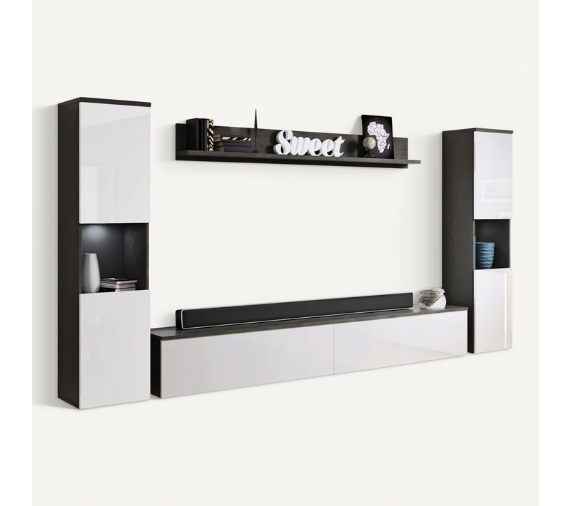 Mur TV 4 Pièces LED: 2 Colonnes + TV 180 Cm + étagère, Anthracite Mat / Blanc Brillant