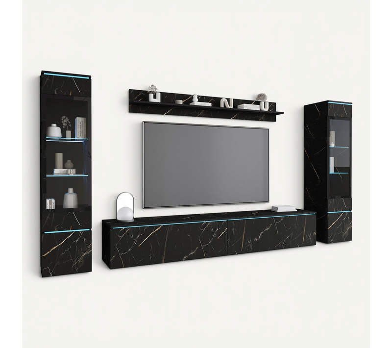 Ensemble Salon 4 éléments LED: TV 180 + 2 Vitrines + étagère, Marbre Mat
