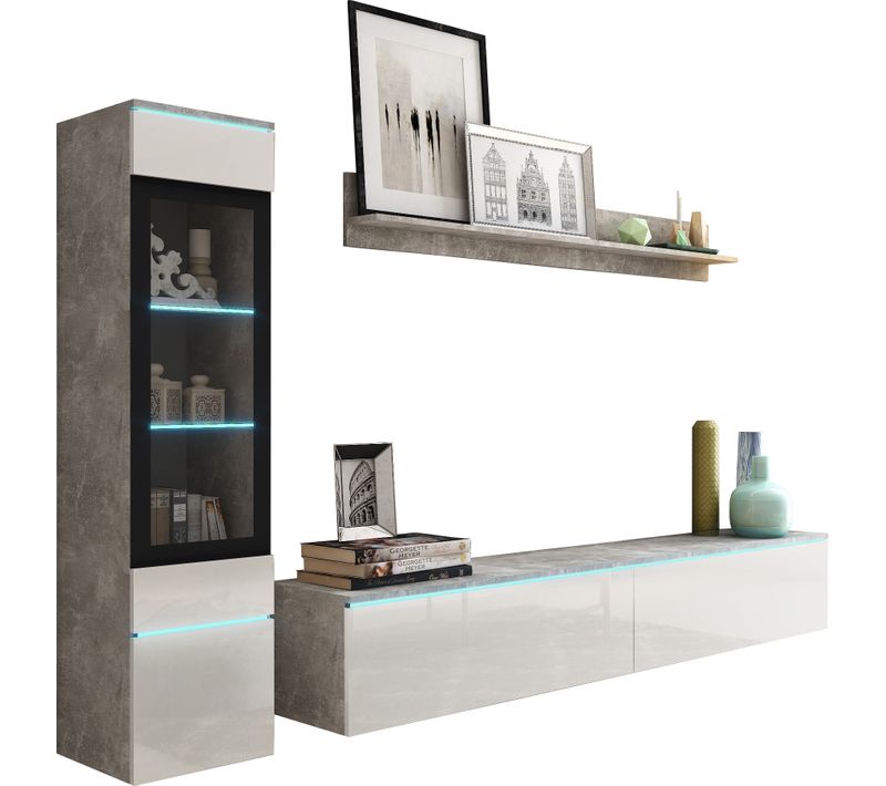 Ensemble Salon 3 Éléments LED: TV 180 + Vitrine + Étagère, Béton Mat / Blanc Brillant