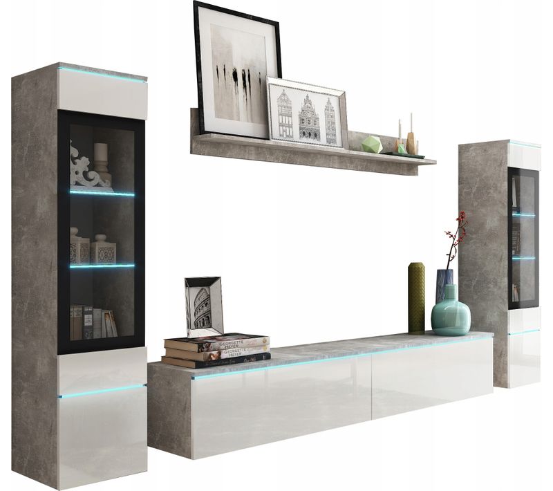 Ensemble Salon 4 Éléments LED: TV 180 + 2 Vitrines + Étagère, Béton Mat / Blanc Brillant