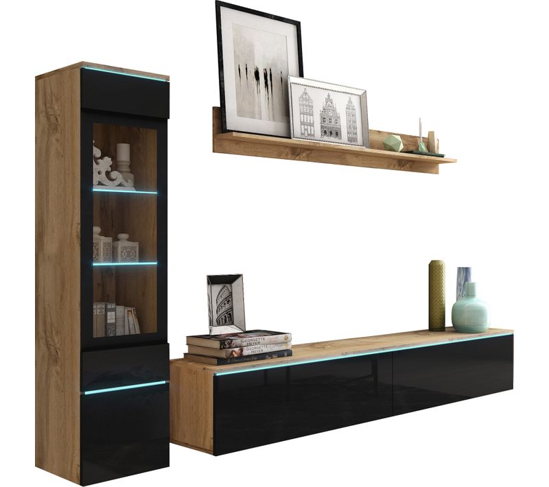 Ensemble Salon 3 Éléments LED: TV 180 + Vitrine + Étagère, Chêne Wotan / Noir Brillant