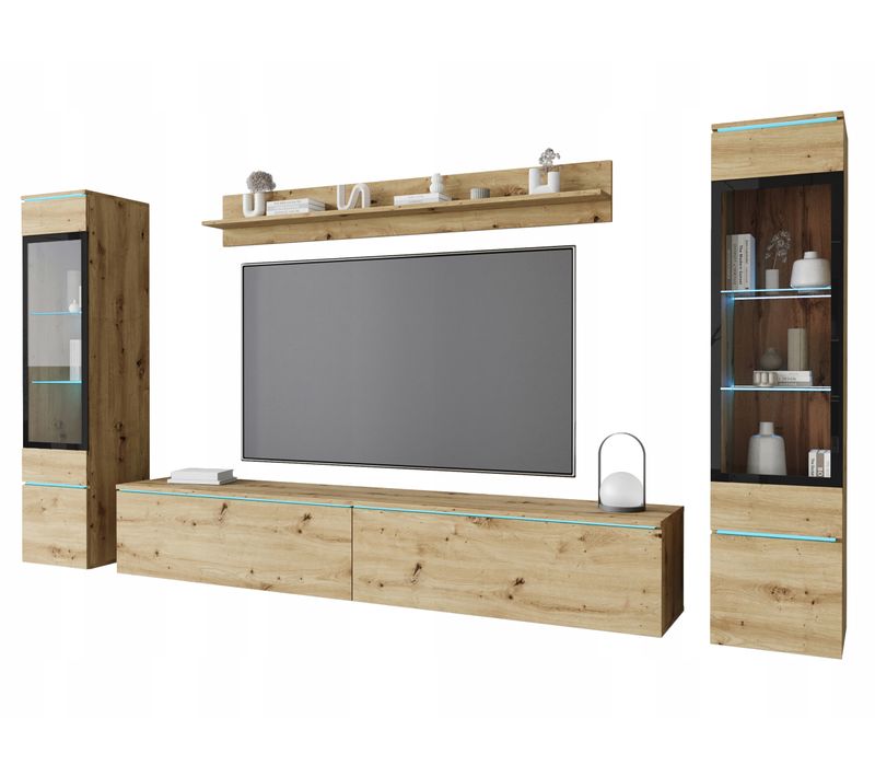 Ensemble Salon 4 éléments LED: TV 180 + 2 Vitrines + étagère, Chêne Artisan