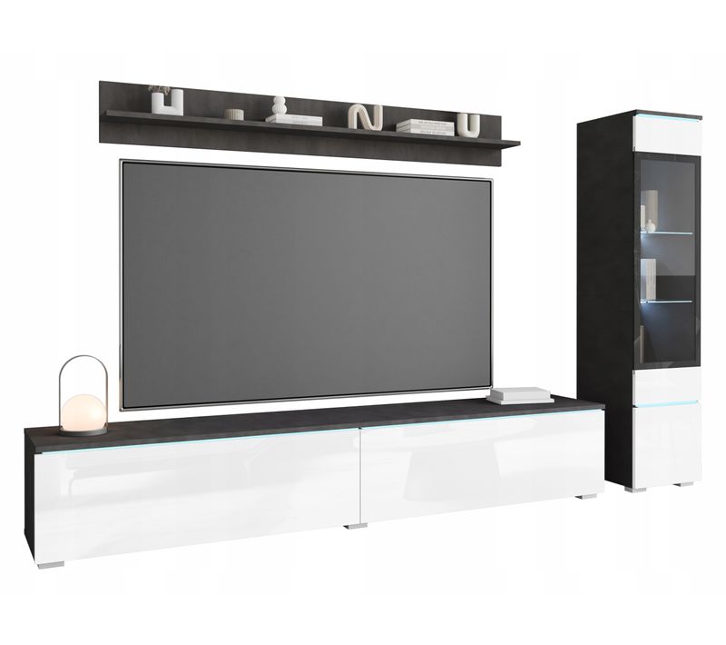 Ensemble Salon 3 Éléments LED: TV 180 + Vitrine + Étagère, Anthracite / Blanc Brillant