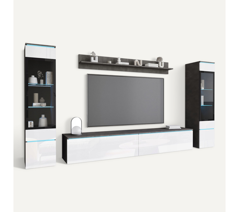 Ensemble Salon 4 éléments LED: TV 180 + 2 Vitrines + étagère, Anthracite / Blanc Brillant