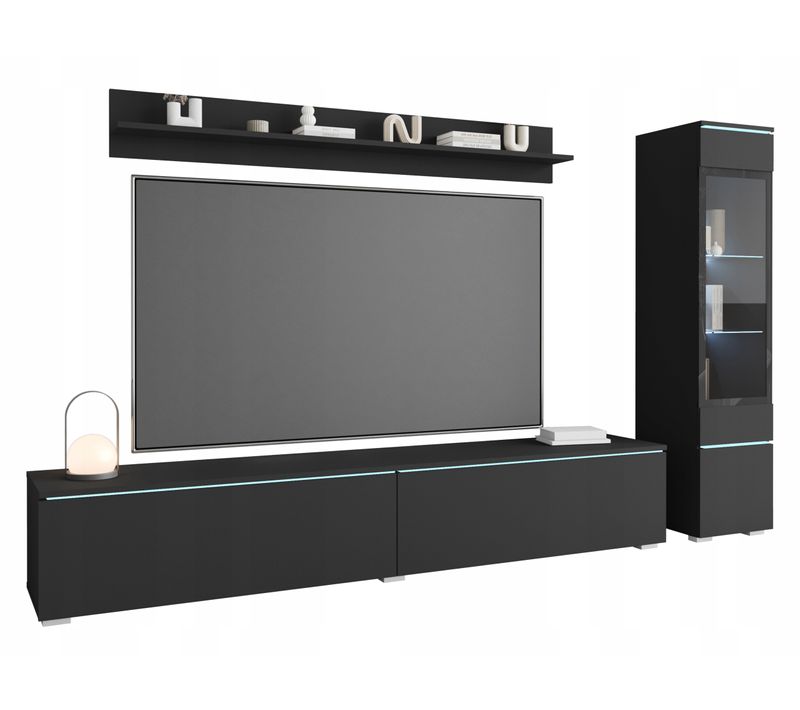 Ensemble Salon 3 Éléments LED: TV 180 + Vitrine + Étagère, Noir Mat