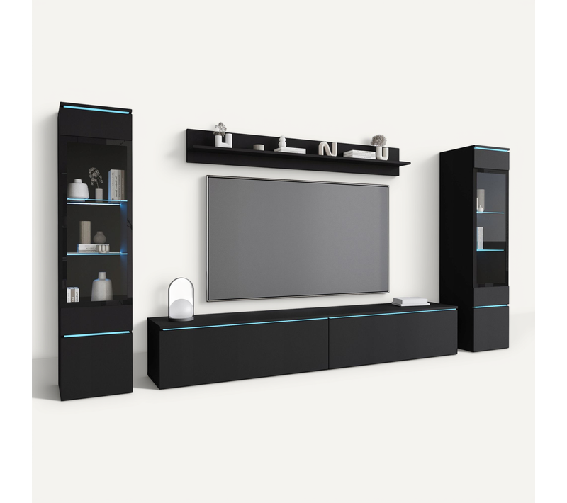 Ensemble Salon 4 éléments LED: TV 180 + 2 Vitrines + étagère, Noir Mat