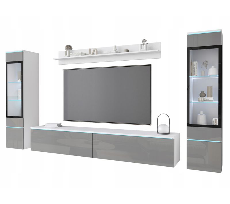 Ensemble Salon 4 Éléments LED: TV 180 + 2 Vitrines + Étagère, Blanc Mat / Gris Brillant