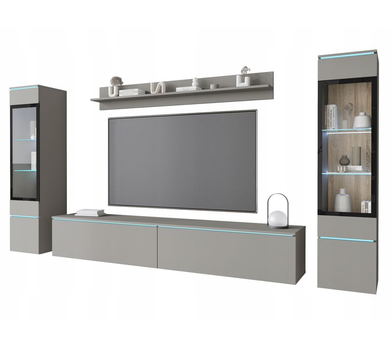 Ensemble Salon 4 éléments LED: TV 180 + 2 Vitrines + étagère, Gris Palladium