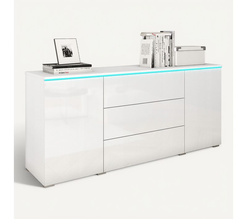 Commode 150 Cm LED: 3 Tiroirs + 2 Portes, Blanc Mat / Blanc Brillant
