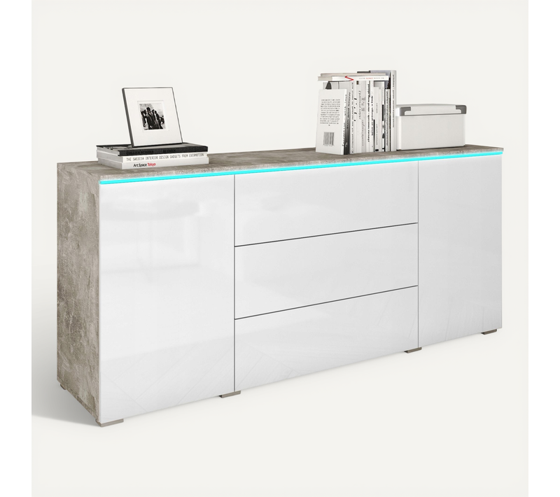 Commode 150 Cm LED: 3 Tiroirs + 2 Portes, Béton Mat / Blanc Brillant