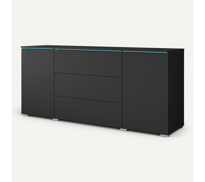 Commode 150 Cm LED Mate: 3 Tiroirs + 2 Portes, Noir Mat