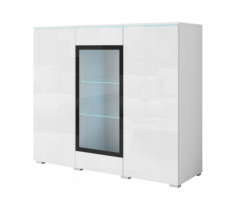 Vitrine Haute 120 Cm LED 3 Portes, Blanc Mat / Blanc Brillant