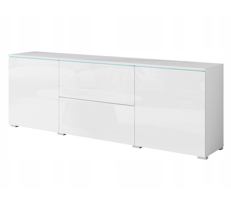Lowboard TV 180 Cm LED Tiroirs + étagères, Blanc Mat / Blanc Brillant