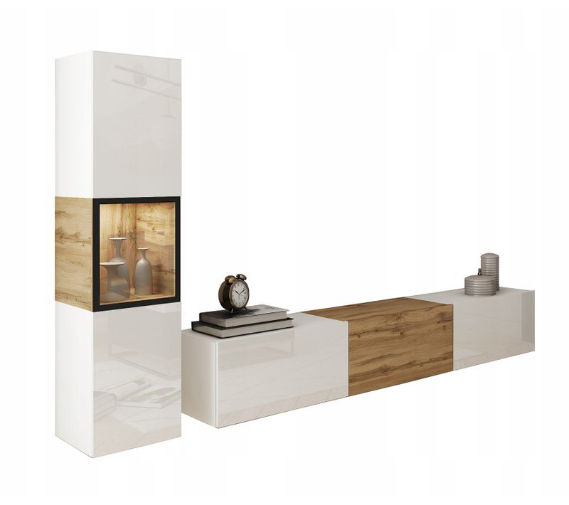 Mur TV LED 180 Cm Vitrine Blanc Mat / Blanc Brillant Insert Wotan