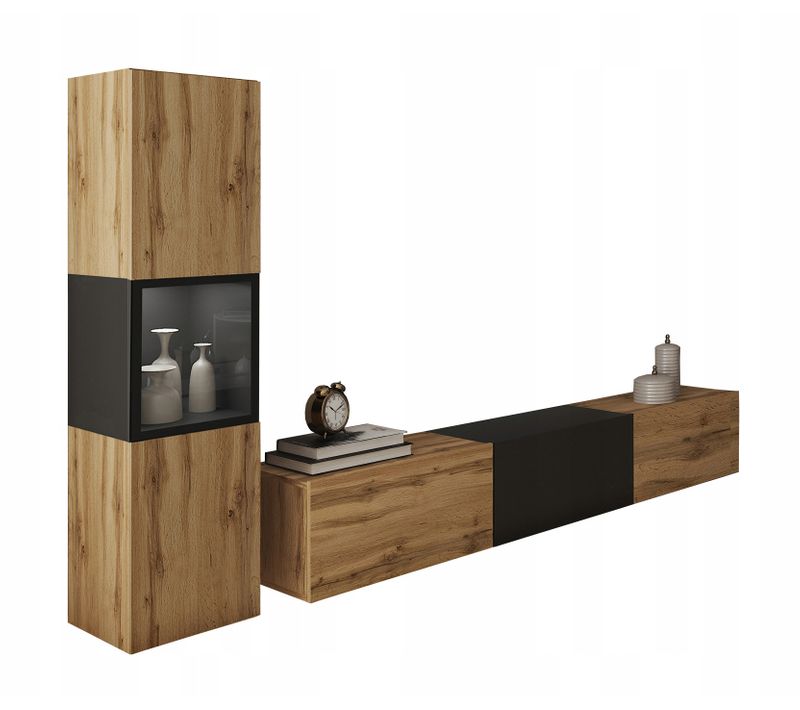 Mur TV LED 180 Cm Vitrine Chêne Wotan / Noir Mat