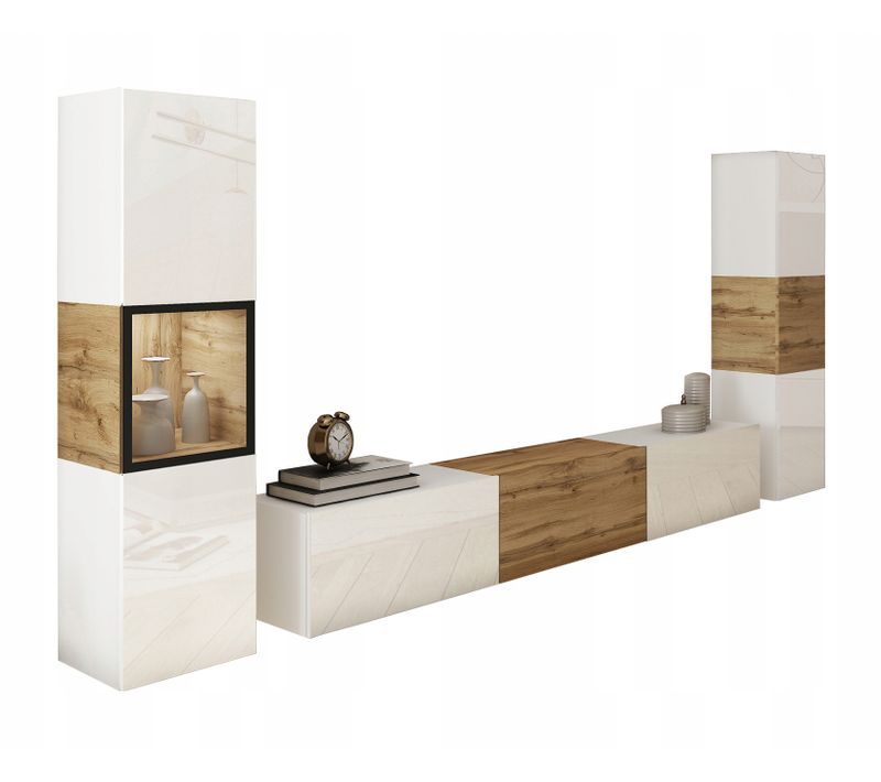 Mur TV LED 180 Cm Vitrine + Colonne Blanc Mat / Blanc Brillant Insert Wotan